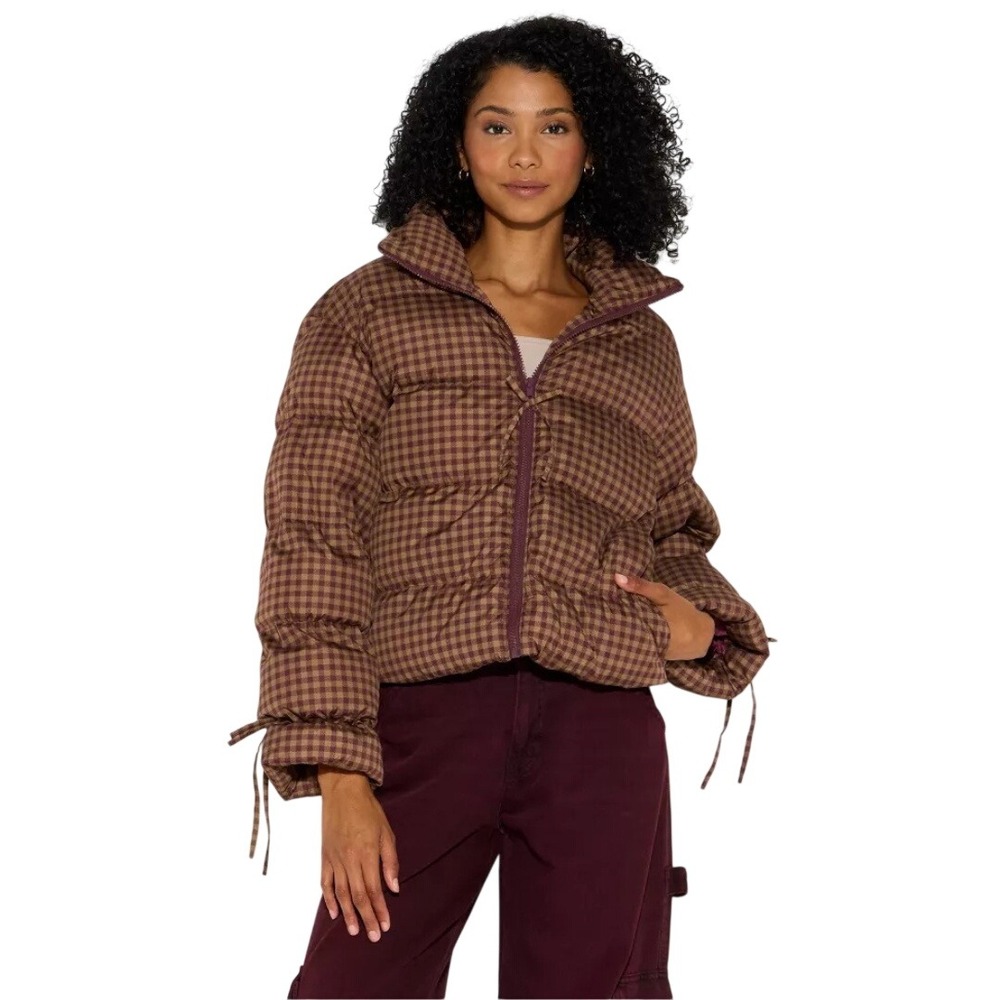 Wild Fable Women's Burgundy Gingham Tie Cuff Puffer Jacket Size XXS